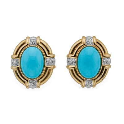 Lot 140 - Pair of Gold, Turquoise and Diamond Earclips