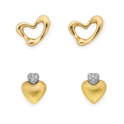 Lot 233 - Pair of Gold Heart Earclips and Pair of Gold, Platinum and Diamond Earclips, Tiffany & Co., Elsa Peretti, M. Stone