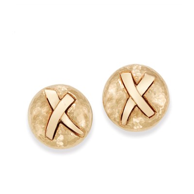 Lot 483 - Pair of Hammered Gold Button Earclips, Paloma Picasso, Tiffany & Co.