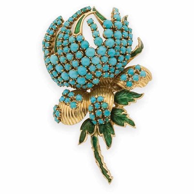 Lot 215 - Gold, Turquoise and Green Enamel Flower Clip