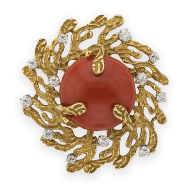 Lot 392 - Gold, Oxblood Coral and Diamond Pendant-Brooch