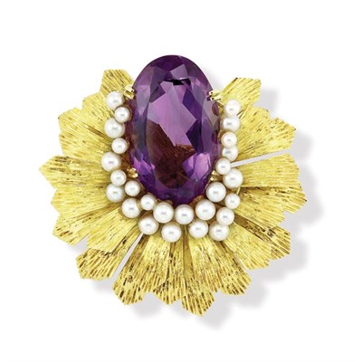 Lot 516 - Gold, Amethyst and Cultured Pearl Flower Brooch, Henry Dunay
