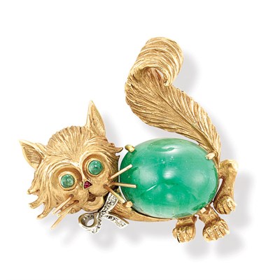 Lot 503 - Gold and Cabochon Emerald Cat Brooch, Van Cleef & Arpels
