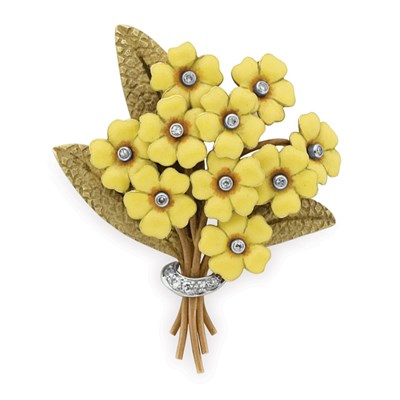 Lot 388 - Gold, Platinum, Yellow Enamel and Diamond Flower Brooch