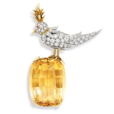 Lot 557 - Platinum, Gold, Diamond and Citrine "Bird on a Rock Brooch", Schlumberger, Tiffany