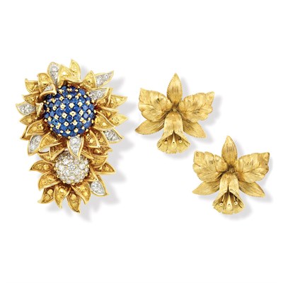 Lot 517 - Pair of Gold Flower Earclips, Tiffany & Co., and Gold, Sapphire and Diamond Flower Pendant-Brooch