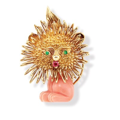 Lot 439 - Gold, Carved Coral, Emerald and Ruby Lion Clip-Brooch