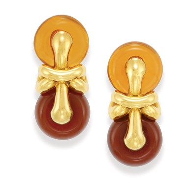 Lot 445 - Pair of Gold, Carnelian and Citrine Earclips, Marina B