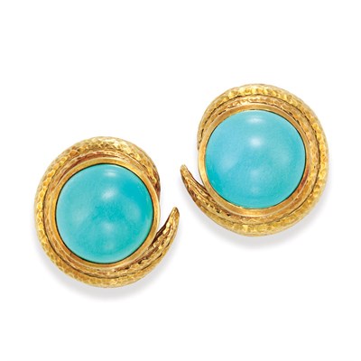 Lot 443 - Pair of Hammered Gold and Turquoise Earclips, David Webb