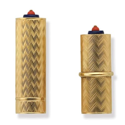 Lot 170 - Gold, Lapis and Coral Lipstick Case and Cigarette Lighter, Cartier