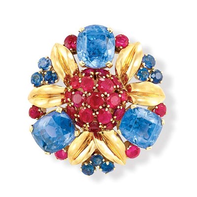 Lot 543 - Gold, Ruby and Sapphire Flower Clip-Brooch, Van Cleef & Arpels