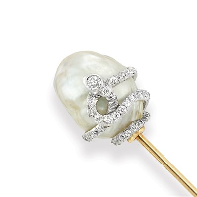 Lot 419 - Antique Natural Baroque Pearl and Diamond Stick Pin