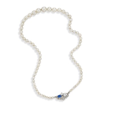 Lot 559 - Natural Pearl Necklace with Diamond and Sapphire Clasp