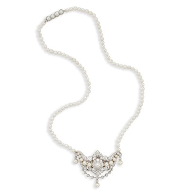 Lot 416 - Natural Pearl Necklace with Diamond and Natural Pearl Attachment