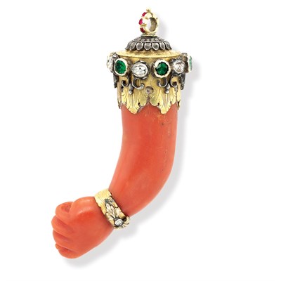 Lot 412 - Antique Gold, Silver, Carved Coral, Emerald and Diamond Pendant