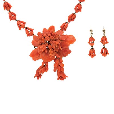 Lot 308 - Antique Carved Coral Necklace and Pair of Pendant-Earrings