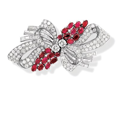 Lot 588 - Diamond and Ruby Double Clip-Brooch, Van Cleef & Arpels