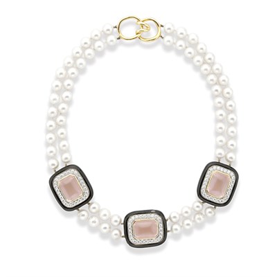 Lot 344 - Double Strand Cultured Pearl, Rose Quartz, Diamond and Black Enamel Necklace, Nicholas Varney