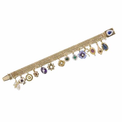 Lot 349 - Four Strand Gold, Gem-Set and Diamond Charm Bracelet