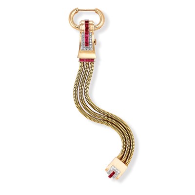 Lot 531 - Triple Strand Gold Snake Chain, Rose Gold, Platinum, Ruby and Diamond Bracelet-Watch