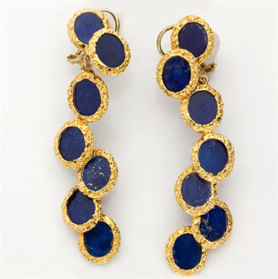 Lot 794 - Pair of Gold and Lapis Pendant-Earrings
