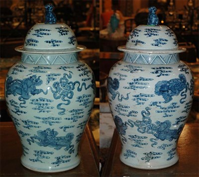 Lot 437 - Pair of Blue and White Porcelain Temple Jars...