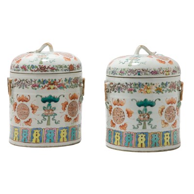 Lot 217 - Pair of Chinese Covered Cylindrical-Form Jars...