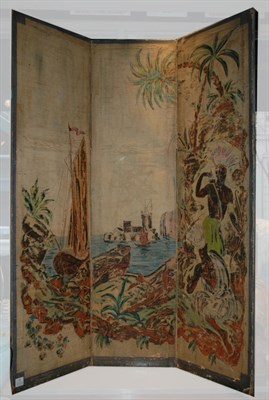 Lot 485 - Polychrome Painted Canvas Three-Panel Screen...