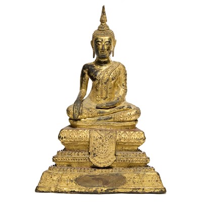 Lot 54 - Thai Gilt-Bronze Buddha Seated on a tiered...