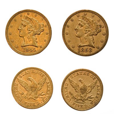 Lot 460 - $5 Liberty Head, No Motto, 1845 and 1853