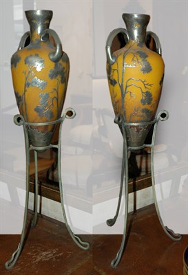 Lot 213A - Pair of Silver Overlay Glass Vases on Stands...