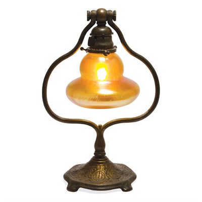 Lot 250 - Tiffany Studios Bronze and Favrile Glass Harp...