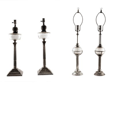 Lot 243 - Two Pairs of Silver and Glass Lamps Height of...