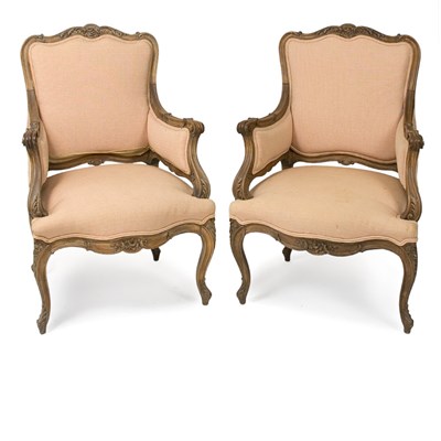 Lot 271 - Pair of Louis XV Style Walnut Bergeres Each...