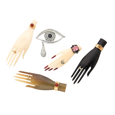 Lot 450 - Group of Hand and Eye Pins Comprising a silver-...
