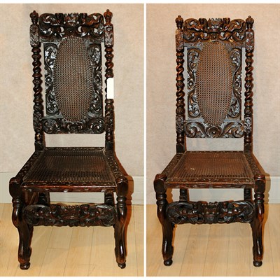 Lot 146 - Pair of Charles II Style Carved Oak and Caned...