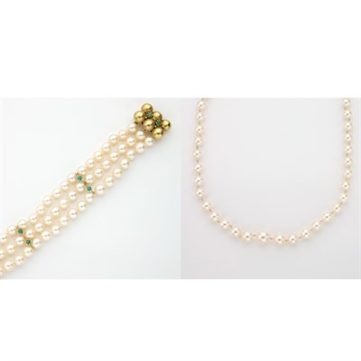 Lot 486 - Two Cultured Pearl Necklaces and Triple Strand Cultured Pearl, Gold and Turquoise Bracelet