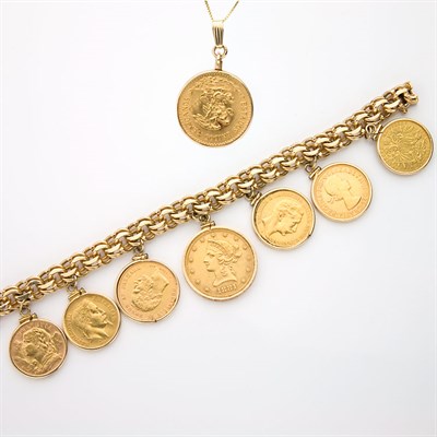 Lot 887 - Gold Coin Charm Bracelet and Coin Pendant with Chain