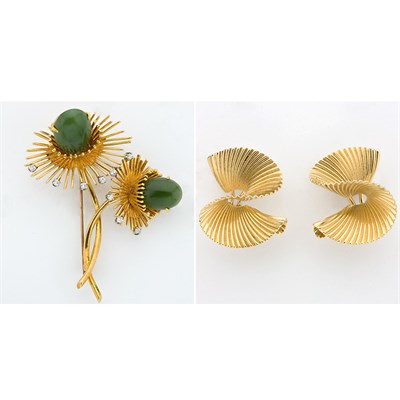 Lot 342 - Gold, Nephrite and Diamond Flower Brooch and Pair of Gold Earrings