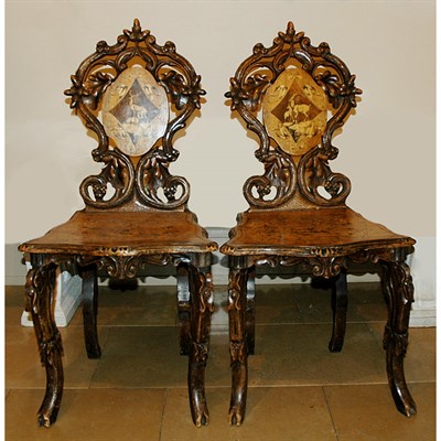 Lot 237 - Pair of Swiss Carved Walnut Side Chairs