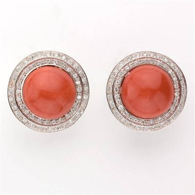 Lot 332 - Pair of Coral and Diamond Earrings