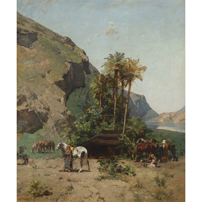 Lot 19 - Alberto Pasini Italian, 1826-1899 Arab Oasis,...