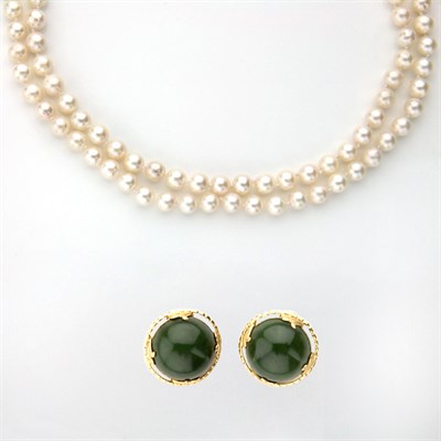 Lot 841 - Double Strand Cultured Pearl Necklace and Pair of Gold and Nephrite Earclips