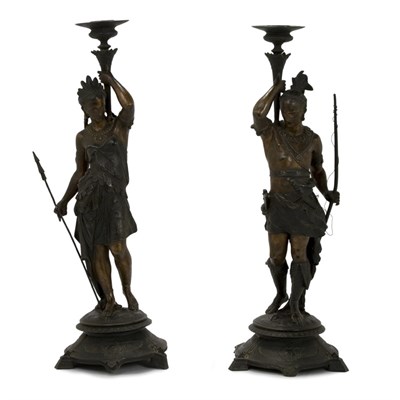 Lot 80 - Pair of Spelter Candlesticks Each modeled in...