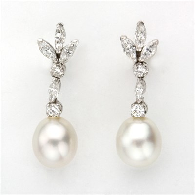 Lot 163 - Pair of Diamond and Cultured Pearl Pendant-Earrings