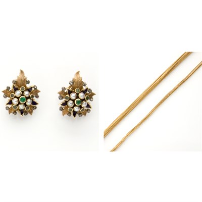 Lot 900 - Two Gold Mesh Chain Necklaces and Pair of Gold, Split Pearl, Emerald and Diamond Earrings