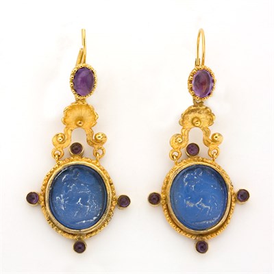 Lot 343 - Pair of Gold, Blue Glass Intaglio and Amethyst Pendant-Earrings