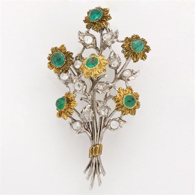 Lot 535 - Two-Color Gold, Diamond and Cabochon Emerald Flower Clip-Brooch, Buccellati