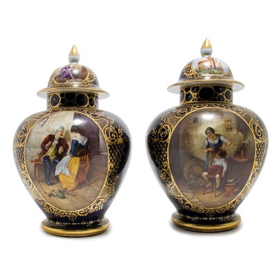Lot 256 - Pair of Dresden Gilt Decorated Porcelain Urns...