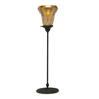 Lot 450 - Quezal Art Glass and Bronze Candlestick The...